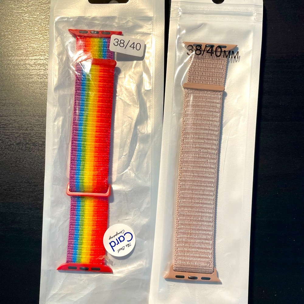 Apple Watch Bands 2 pack of adjustable velcro bands- rainbow&mauve- Size 38/40mm